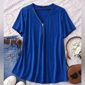 Ambiance Blue Zip Front Short Sleeve Blouse Women’s Plus Size 2X